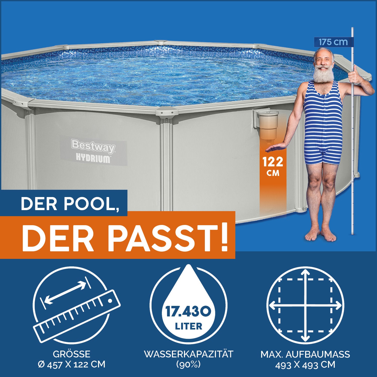 Hydrium™ Stahlwandpool Komplett-Set mit Sandfilteranlage Ø 460 x 120 cm