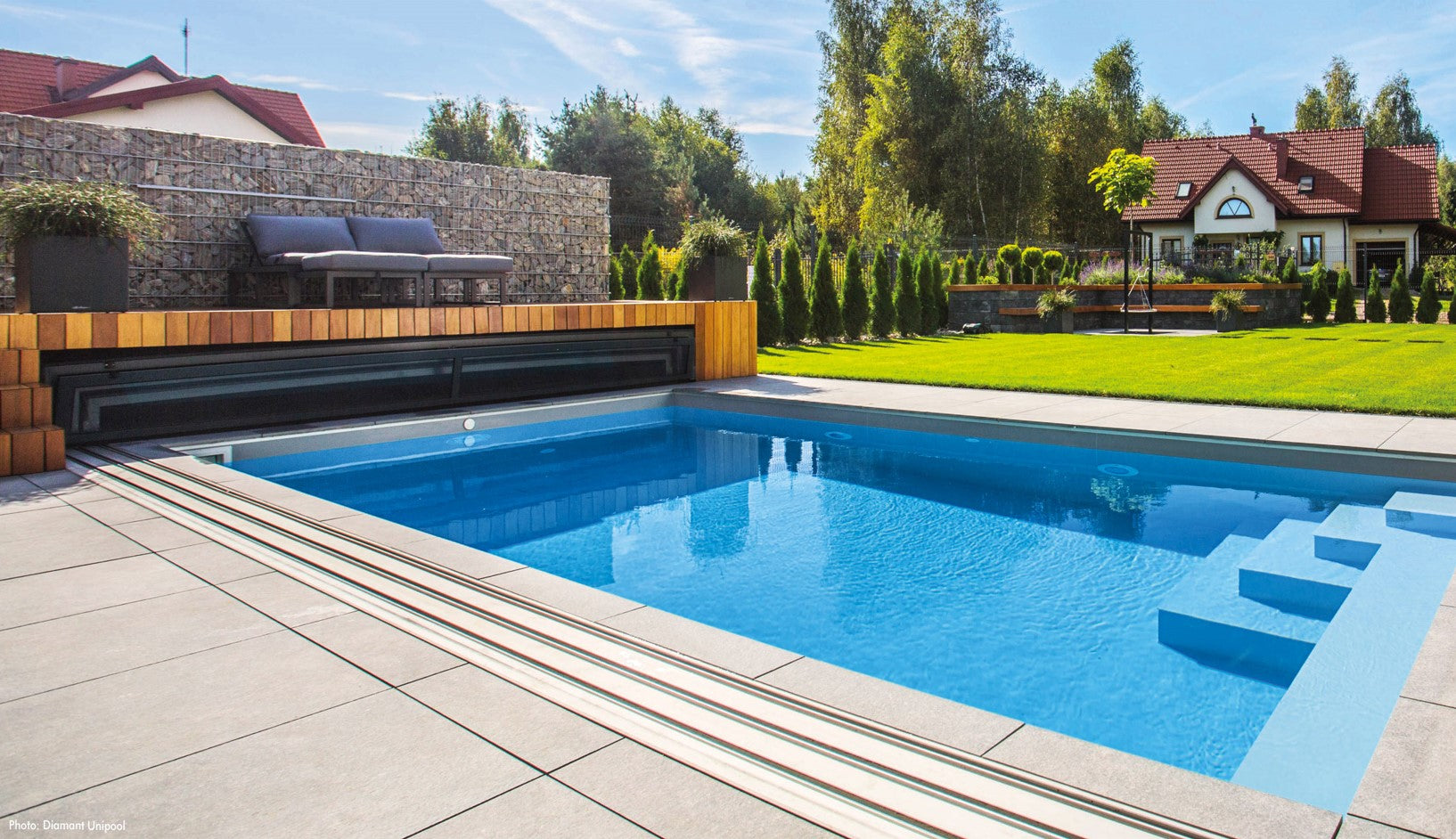 TrendStone Basis Set | Rechteckpool 600 x 300 x 150 cm | Blau | Treppe Oblique links